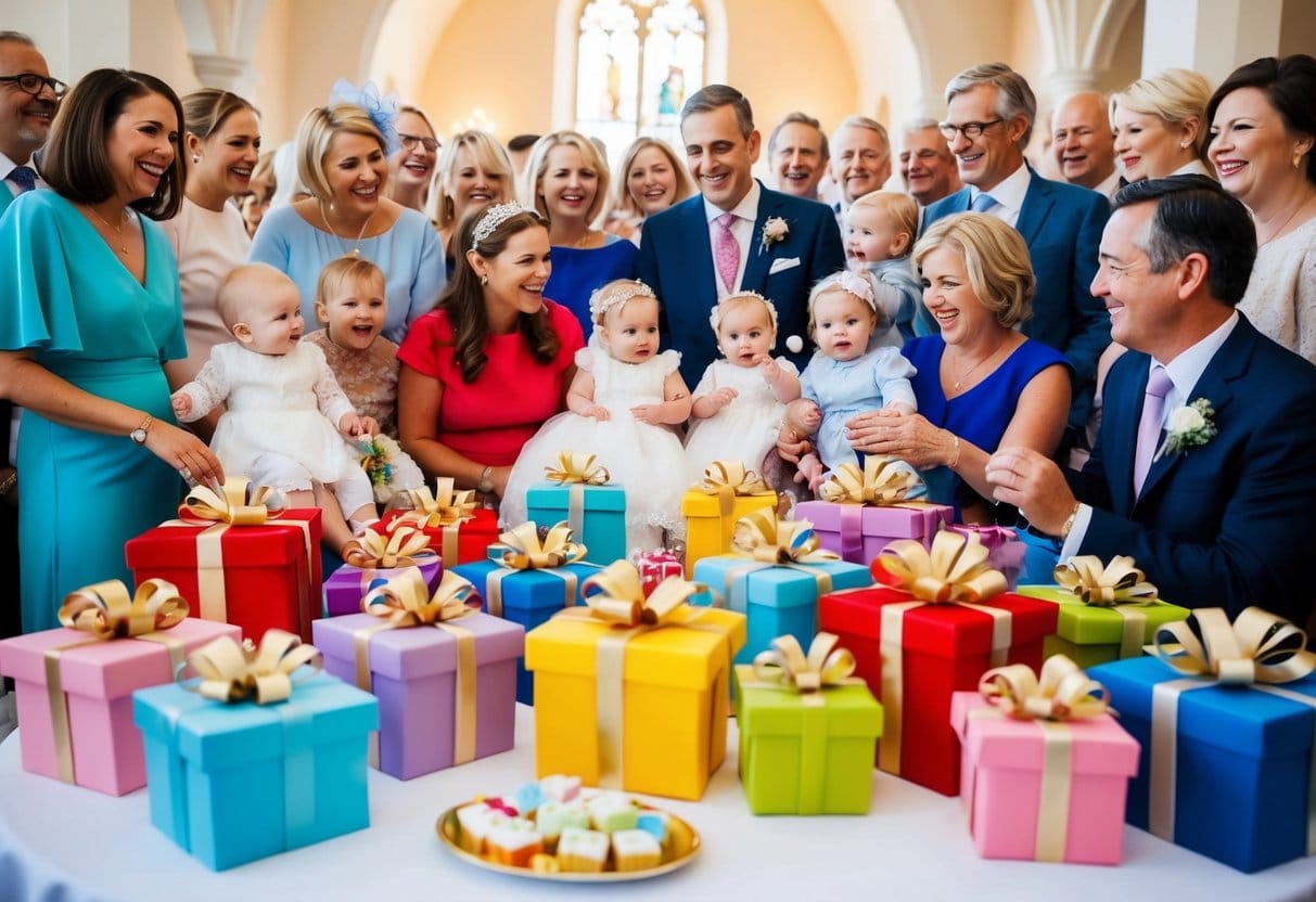 A joyful gathering of family and friends at a christening with colorful gifts for the baby displayed on a table